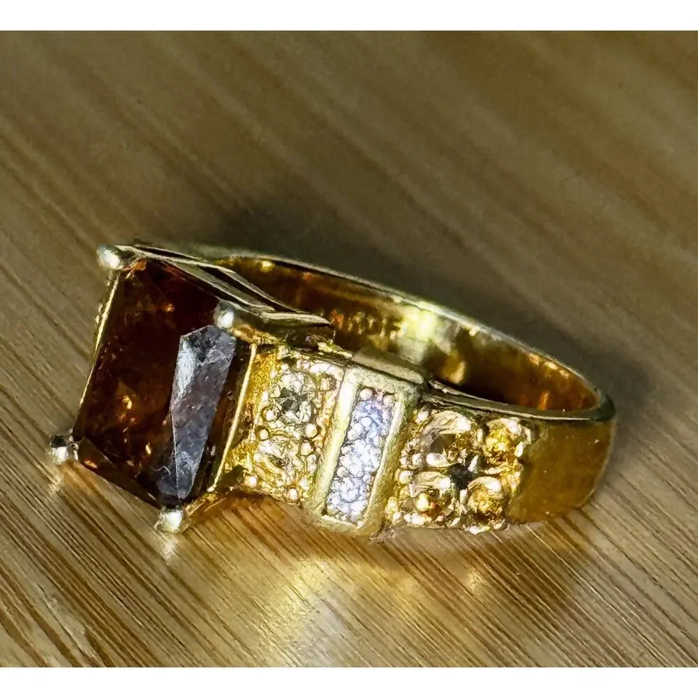 Vintage 18K GF Brown Crystal Rhinestone Cocktail Ring Size 9.25